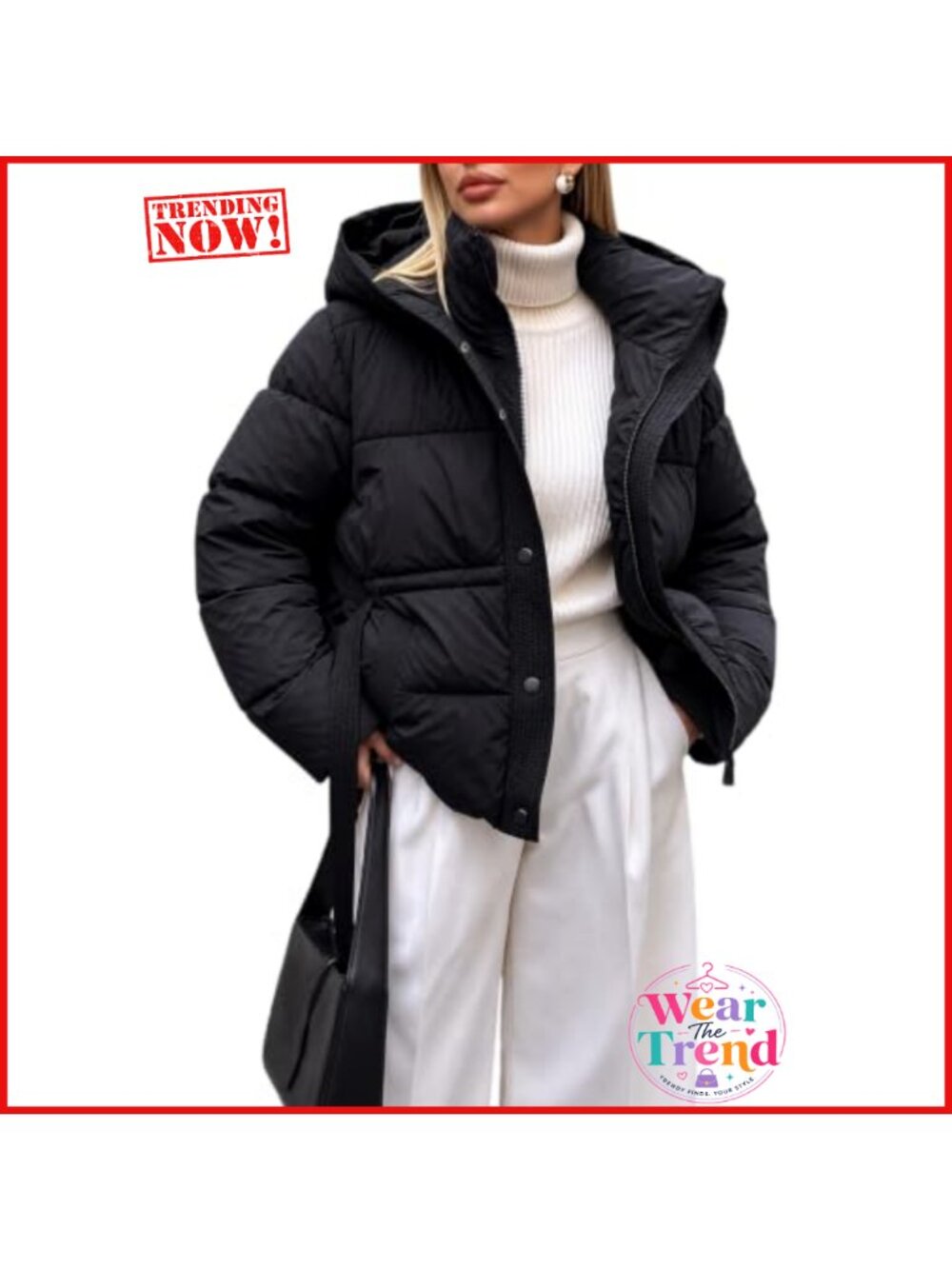 Quilted Puffer Jacket Winter Warm Thicken Coat Hooded Belted